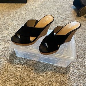 Ladies 4" wedge sandals. Black upper and cork heel. Excellent like new
